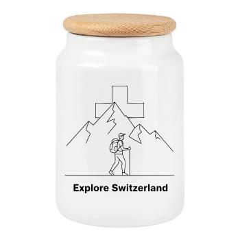 Explorez la Suisse Motif de randonnée - Boîte à biscuits avec couvercle en bois - blanc - Devant