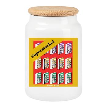 Retro Supermarket Shelves Illustration - Cookie Jar with Wooden Lid - white - Front