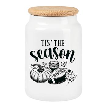 Herbstliche Gemütlichkeit mit Kürbis- und Apfelwein-Motiv - Keksdose mit Holzdeckel - Weiß - Vorne