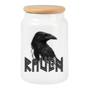 Dark Raven with Runic Lettering - Cookie Jar with Wooden Lid - white - Front