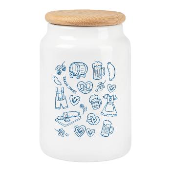 Costume traditionnel bavarois avec de la bière et des cœurs - Boîte à biscuits avec couvercle en bois - blanc - Devant