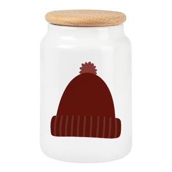 Warme Herbst-Strickmütze - Keksdose mit Holzdeckel - Weiß - Vorne