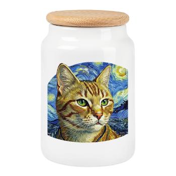 Chat joyeux dans le design de la nuit étoilée - Boîte à biscuits avec couvercle en bois - blanc - Devant