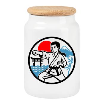 Karate and Nature - Cookie Jar with Wooden Lid - white - Front