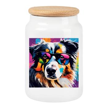 Australian Shepherd bunt Aussi - Keksdose mit Holzdeckel - Weiß - Vorne