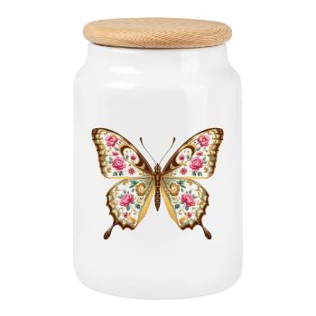 Vintage Porcelain Schmetterling & Rosen - Keksdose mit Holzdeckel - Weiß - Vorne