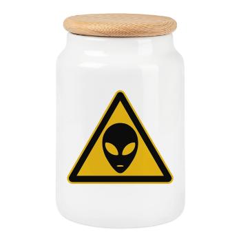 Warning sign alien motif - Cookie Jar with Wooden Lid - white - Front