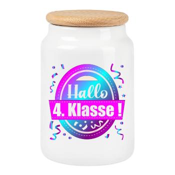Hallo 4. Klasse Glückwunsch – Schulkind Schule - Keksdose mit Holzdeckel - Weiß - Vorne