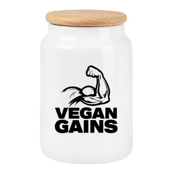 Vegan Gains – Muscle Biceps Gym Design - Cookie Jar with Wooden Lid - white - Front