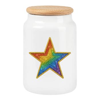Regenbogen-Glitzer-Stern-Patch-Design - Keksdose mit Holzdeckel - Weiß - Vorne