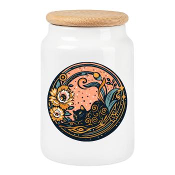 Black Cat Surrounded by Flowers and Moon - Cookie Jar with Wooden Lid - white - Front