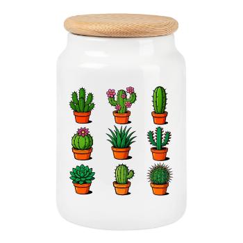 Various cacti in terracotta pots - Cookie Jar with Wooden Lid - white - Front