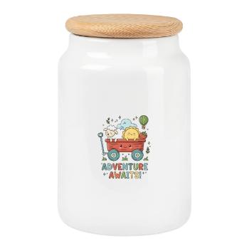 Whimsical Adventure Cart with Cute Characters - Cookie Jar with Wooden Lid - white - Front