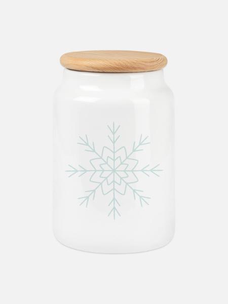 Intricate Snowflake Line Art Design - Cookie Jar with Wooden Lid - white