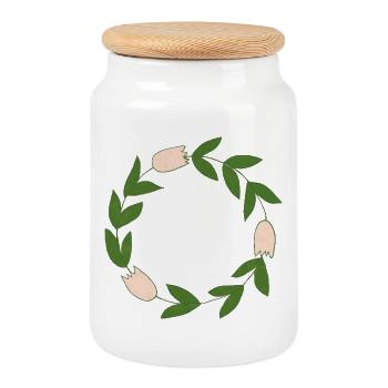 Elegante botanische Blumenkreismotiv - Keksdose mit Holzdeckel - Weiß - Vorne