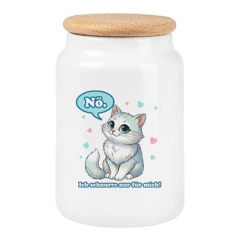 Chat de dessin animé coquin aux yeux turquoise - Boîte à biscuits avec couvercle en bois - blanc - Devant