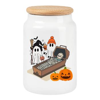 Fantômes d’Halloween effrayants et conception de squelettes - Boîte à biscuits avec couvercle en bois - blanc - Devant