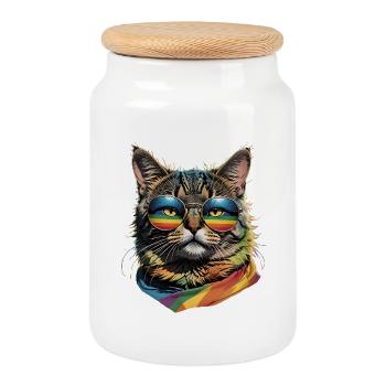 Portrait de chat LGBTQ drôle avec des lunettes arc-en-ciel - Boîte à biscuits avec couvercle en bois - blanc - Devant