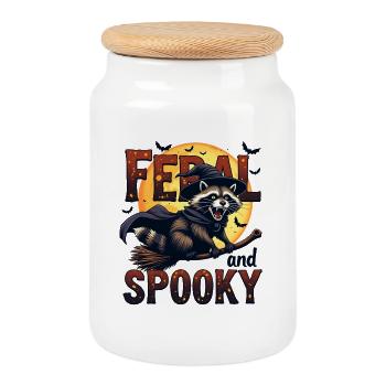Feral and Spooky - Raccoon on broomstick - Cookie Jar with Wooden Lid - white - Front