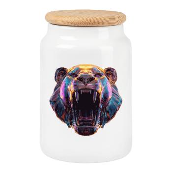 Neon Lion Head Art Design - Cookie Jar with Wooden Lid - white - Front