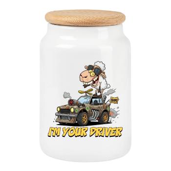 Humorous Sheep Driver T-Shirt - Cookie Jar with Wooden Lid - white - Front