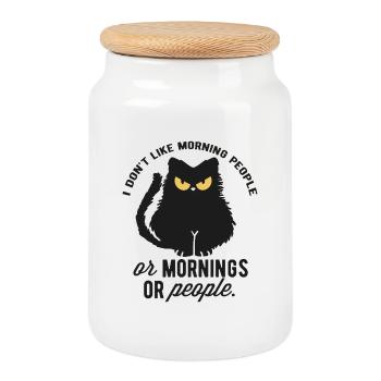 Chat avec insatisfaction matinale et citations - Boîte à biscuits avec couvercle en bois - blanc - Devant
