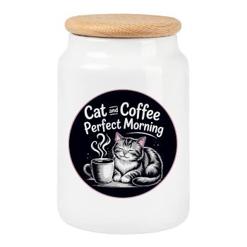 Cat milk coffee morning mood - Cookie Jar with Wooden Lid - white - Front
