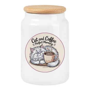 Tasse de café et de chats du matin - Boîte à biscuits avec couvercle en bois - blanc - Devant
