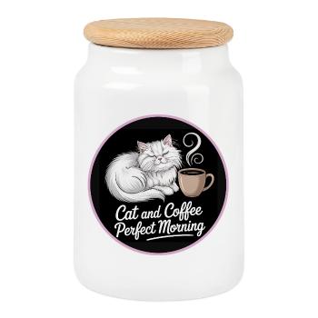 Motif café matinal pour chat - Boîte à biscuits avec couvercle en bois - blanc - Devant