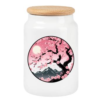 Cherry Blossom Mountain Landscape - Cookie Jar with Wooden Lid - white - Front
