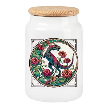 Vibrant Dinosaur Floral Art - Cookie Jar with Wooden Lid - white - Front