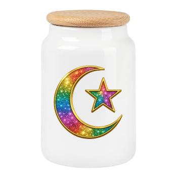 Galaxy Moon and Star - Islamic Crescent - Cookie Jar with Wooden Lid - white - Front