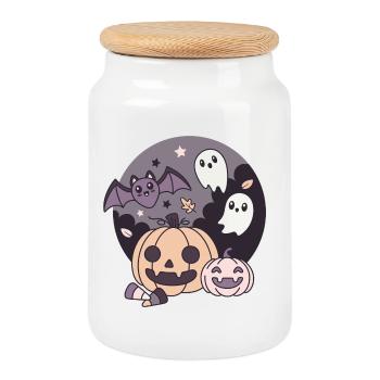Halloween Kawaii Design Pumpkin Ghost Bat - Cookie Jar with Wooden Lid - white - Front