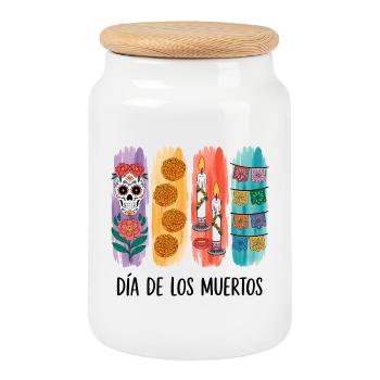 Vivid Día de los Muertos Floral Candles Halloween  - Cookie Jar with Wooden Lid - white - Front