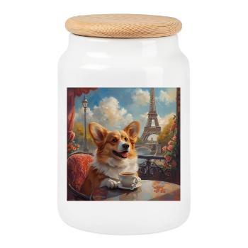 Corgi drinking coffee in front of the Eiffel Tower in Paris - Cookie Jar with Wooden Lid - white - Front