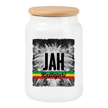 JAH Rastafarian Symbol with Ribbon - Cookie Jar with Wooden Lid - white - Front