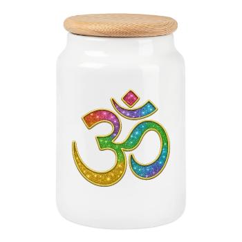 Symbole Om arc-en-ciel au design pailleté - Boîte à biscuits avec couvercle en bois - blanc - Devant