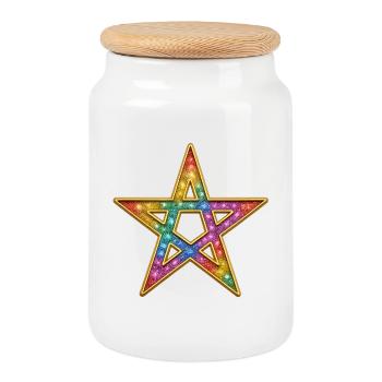 Pentagram | Shining Rainbow Star - Cookie Jar with Wooden Lid - white - Front