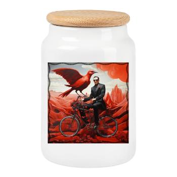 Homme surréaliste à vélo avec oiseau rouge et paysage - Boîte à biscuits avec couvercle en bois - blanc - Devant