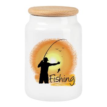 Abendliches Angeln mit Sonnenuntergangs-Silhouette - Keksdose mit Holzdeckel - Weiß - Vorne
