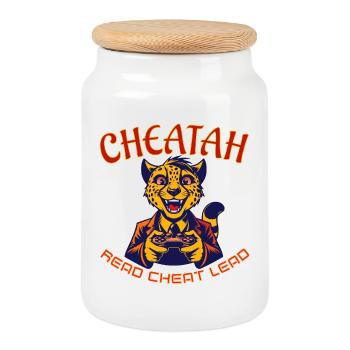Cheatah Gaming Maskottchen Design - Keksdose mit Holzdeckel - Weiß - Vorne