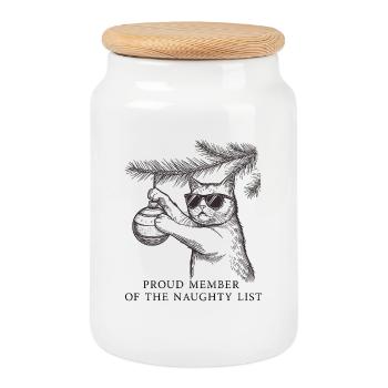 Naughty List Cat – Vintage Xmas Shirt - Cookie Jar with Wooden Lid - white - Front