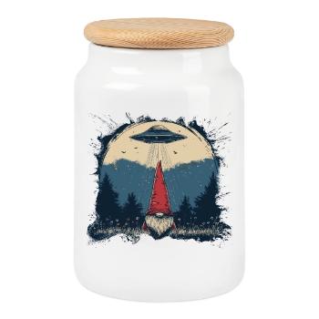 Garden gnome and UFO - Cookie Jar with Wooden Lid - white - Front