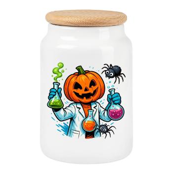Gruseliger Halloween-Kürbis Chemie-Wissenschaftler - Keksdose mit Holzdeckel - Weiß - Vorne