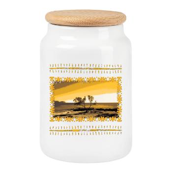 Sonnenuntergang am Fluss mit Ornamentrahmen - Keksdose mit Holzdeckel - Weiß - Vorne