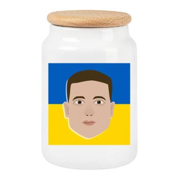 Volodymyr Zelensky on Ukrainian flag - Cookie Jar with Wooden Lid - white - Front