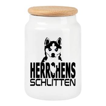 Illustration de chien husky - Siège de maître - Boîte à biscuits avec couvercle en bois - blanc - Devant