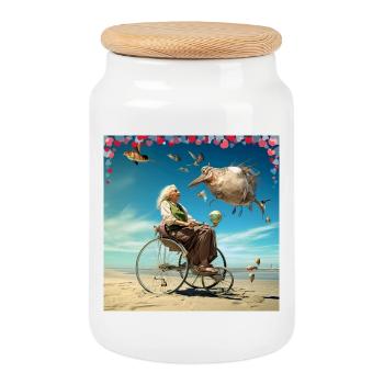 Surrealist dream world of senior woman in wheelchair - Cookie Jar with Wooden Lid - white - Front