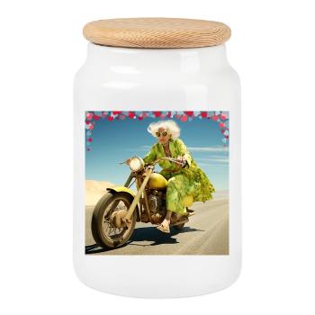 Oma auf Motorrad im Wüstensand Lebensfreude Alter - Keksdose mit Holzdeckel - Weiß - Vorne