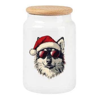 Chien husky avec chapeau de Père Noël - Boîte à biscuits avec couvercle en bois - blanc - Devant